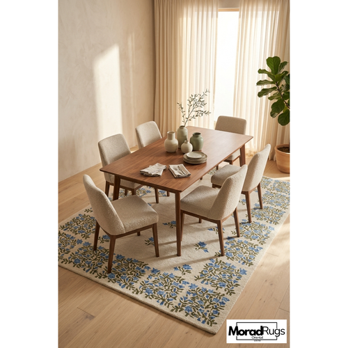 Hand Tufted Floral Rug, Blue Ivory Botanical Carpet, Modern Farmhouse Area Rug