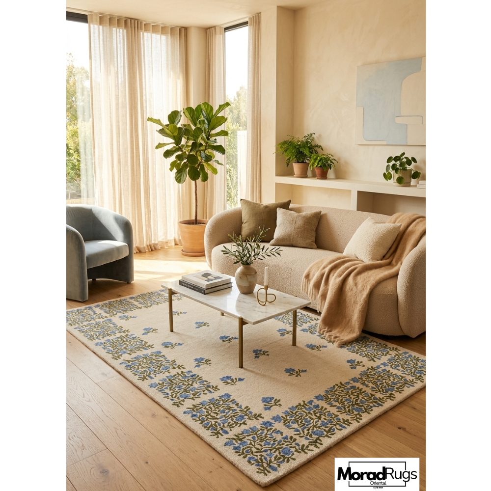 Hand Tufted Floral Rug, Blue Ivory Botanical Carpet, Modern Farmhouse Area Rug
