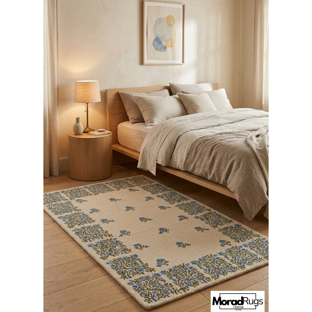 Hand Tufted Floral Rug, Blue Ivory Botanical Carpet, Modern Farmhouse Area Rug
