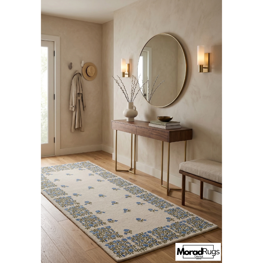 Hand Tufted Floral Rug, Blue Ivory Botanical Carpet, Modern Farmhouse Area Rug