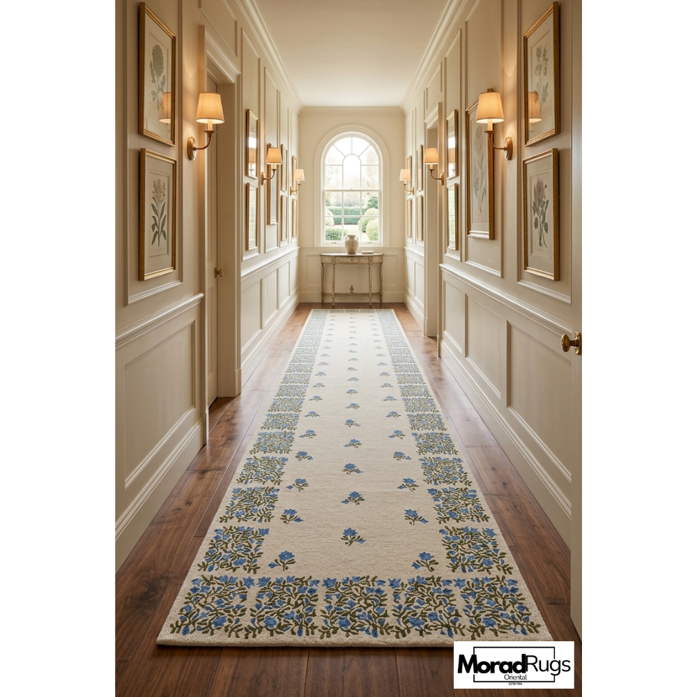 Hand Tufted Floral Rug, Blue Ivory Botanical Carpet, Modern Farmhouse Area Rug