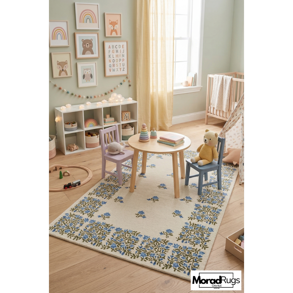 Hand Tufted Floral Rug, Blue Ivory Botanical Carpet, Modern Farmhouse Area Rug