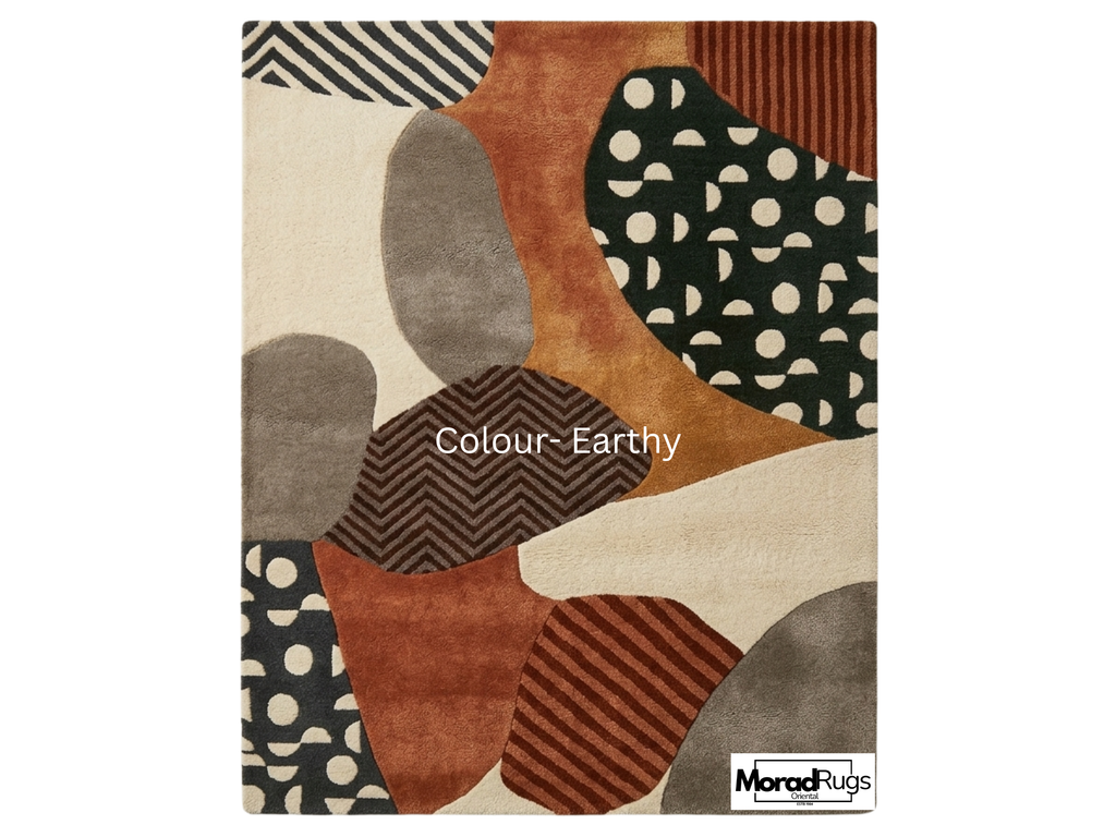 Geometric Rug, New Zealand Wool, Hand Tufted Modern Earthy Beige Rust Blue