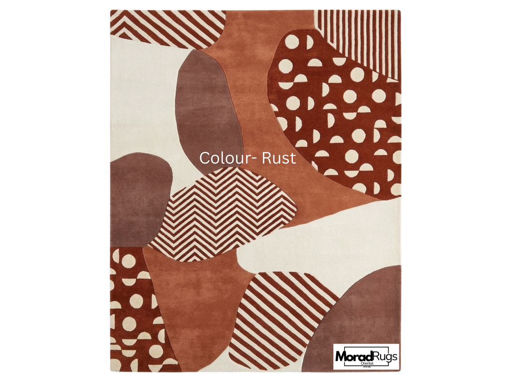 Geometric Rug, New Zealand Wool, Hand Tufted Modern Earthy Beige Rust Blue