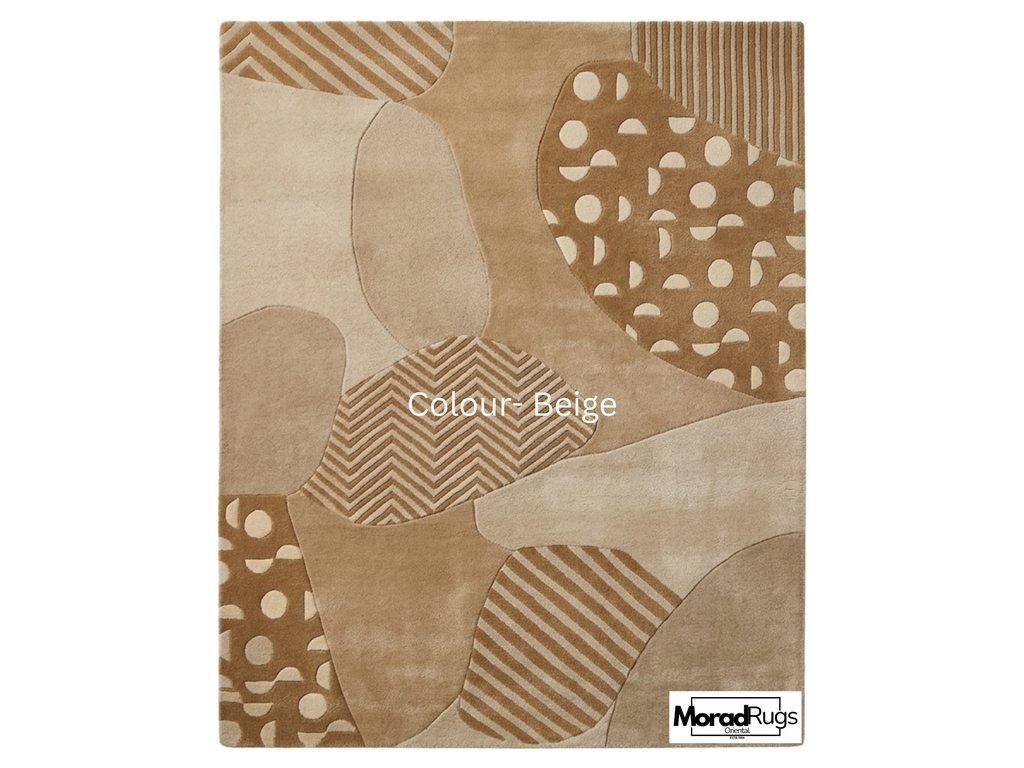 Geometric Rug, New Zealand Wool, Hand Tufted Modern Earthy Beige Rust Blue