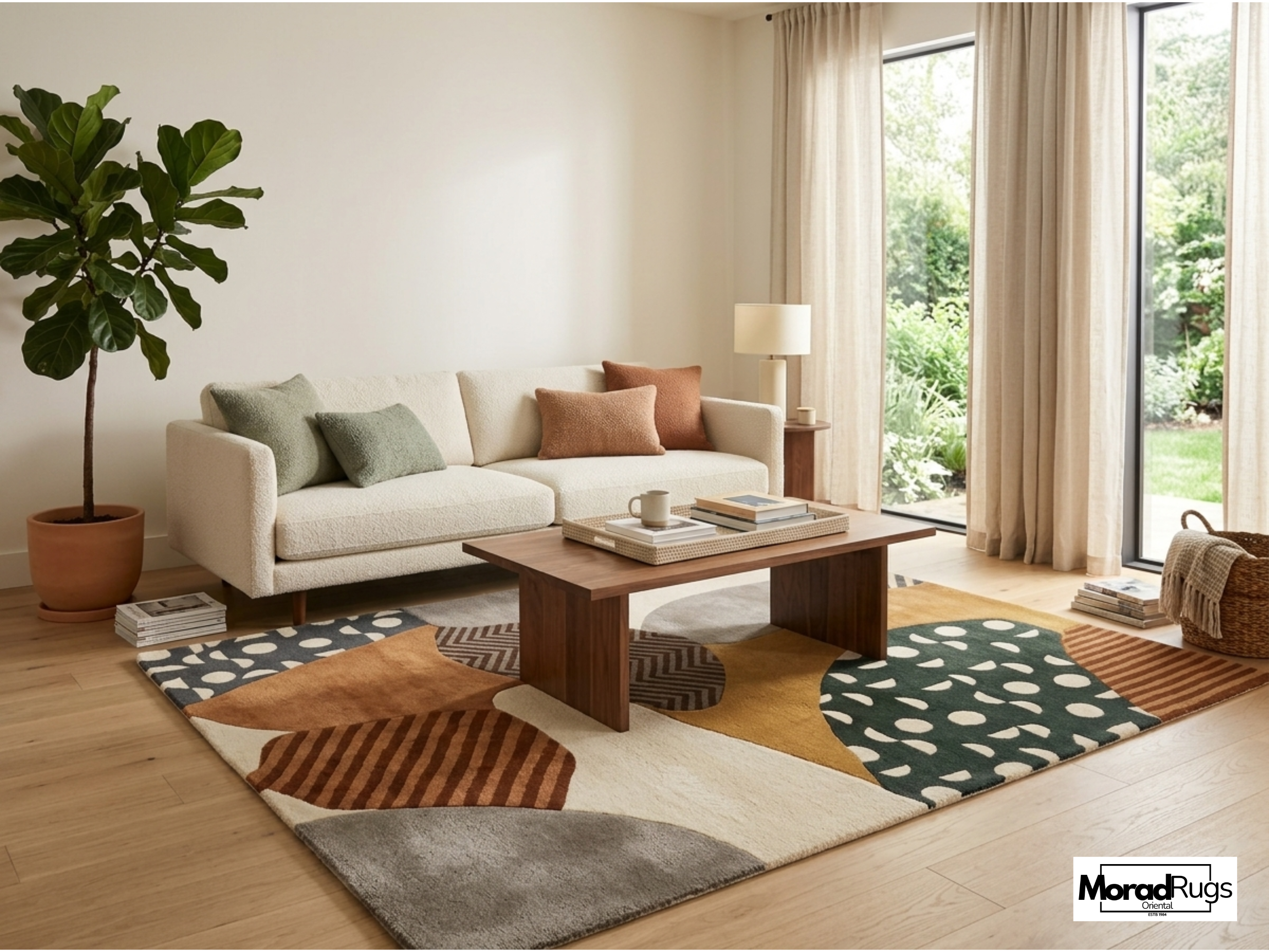 Geometric Rug, New Zealand Wool, Hand Tufted Modern Earthy Beige Rust Blue