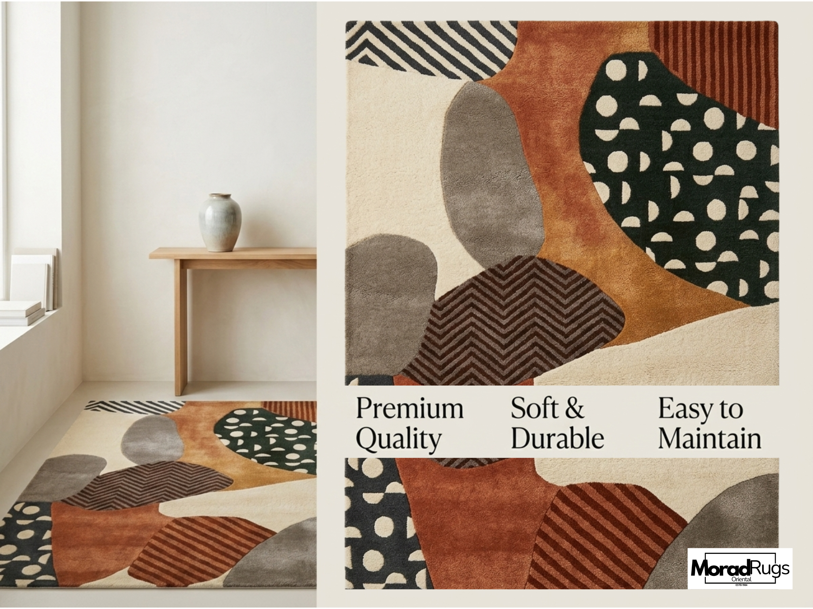 Geometric Rug, New Zealand Wool, Hand Tufted Modern Earthy Beige Rust Blue
