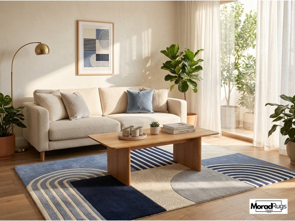 New Zealand Wool Geometric Rug | Blue Neutral Abstract Hand Tufted Carpet