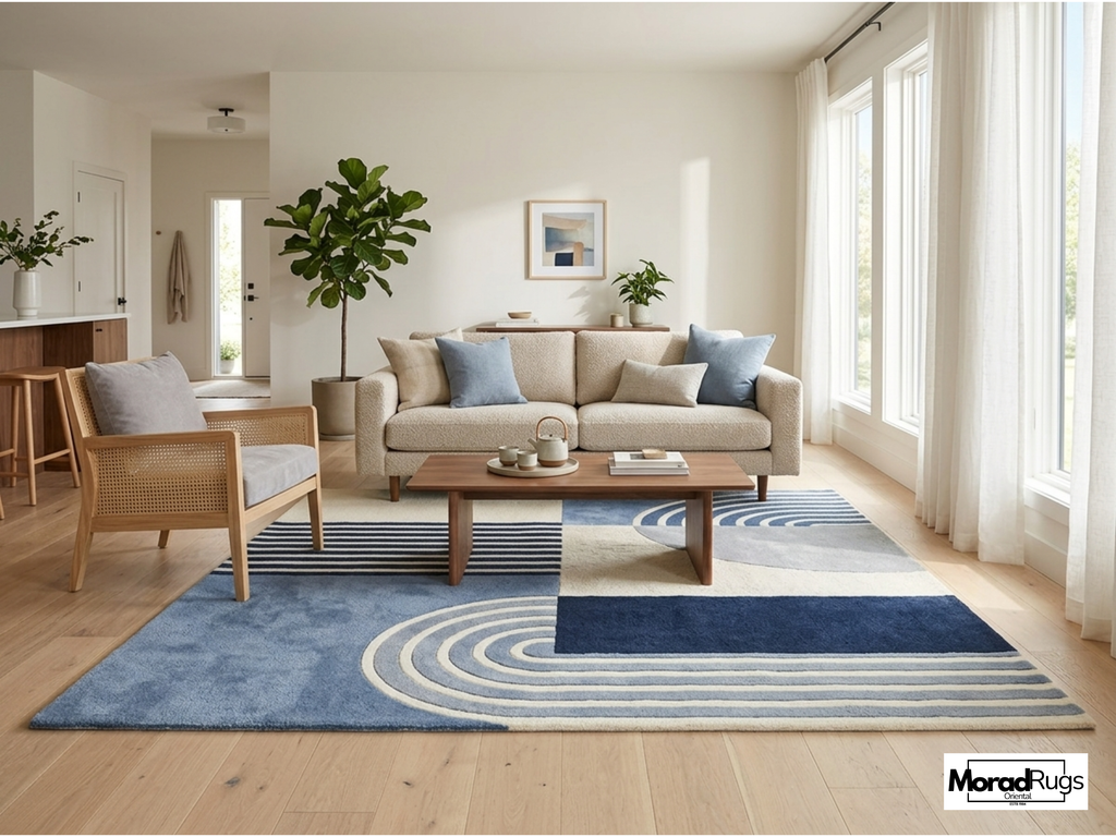 New Zealand Wool Geometric Rug | Blue Neutral Abstract Hand Tufted Carpet