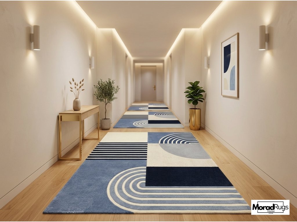 New Zealand Wool Geometric Rug | Blue Neutral Abstract Hand Tufted Carpet
