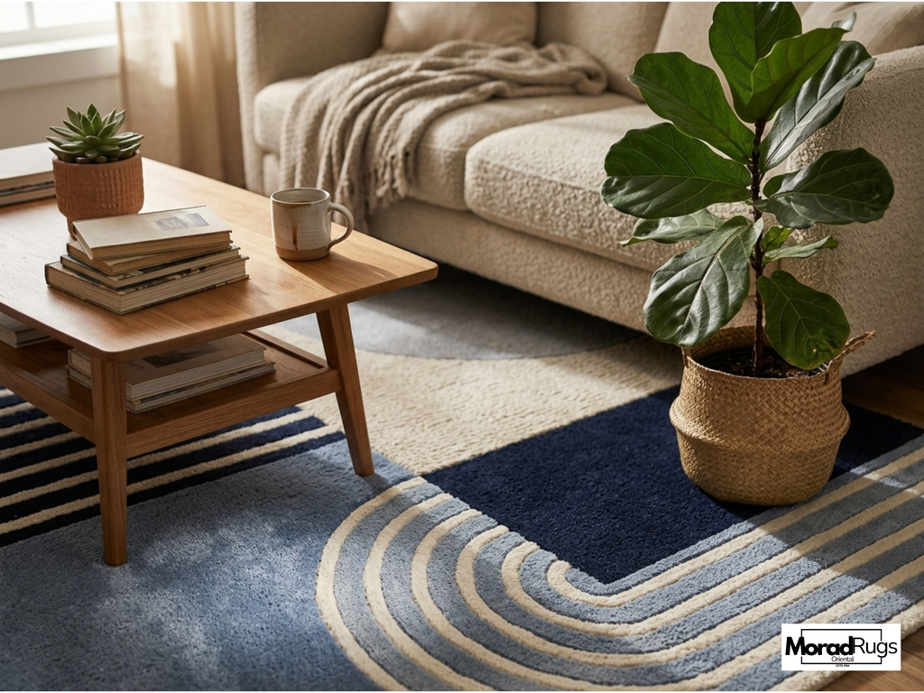 New Zealand Wool Geometric Rug | Blue Neutral Abstract Hand Tufted Carpet