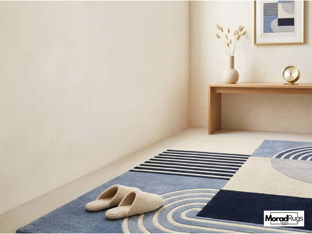 New Zealand Wool Geometric Rug | Blue Neutral Abstract Hand Tufted Carpet