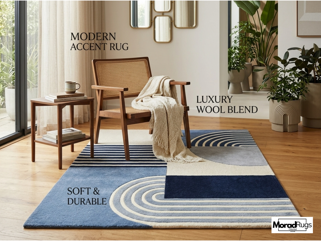 New Zealand Wool Geometric Rug | Blue Neutral Abstract Hand Tufted Carpet