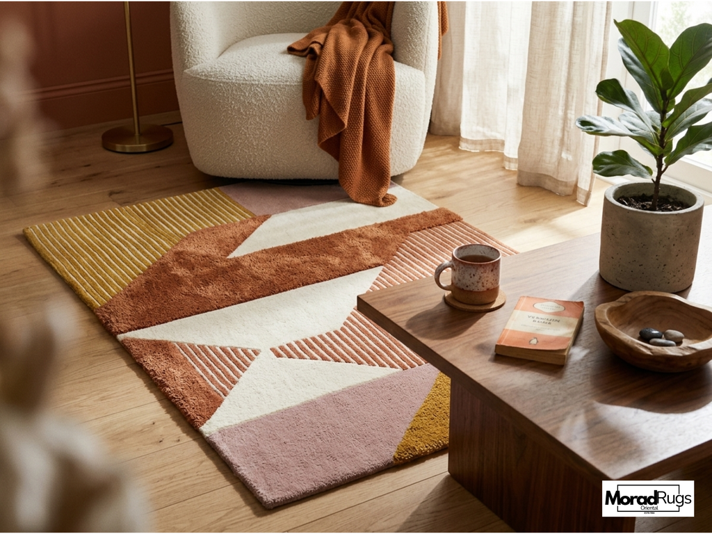 New Zealand Wool Geometric Rug | Rust Earth Tone Hand Tufted Carpet