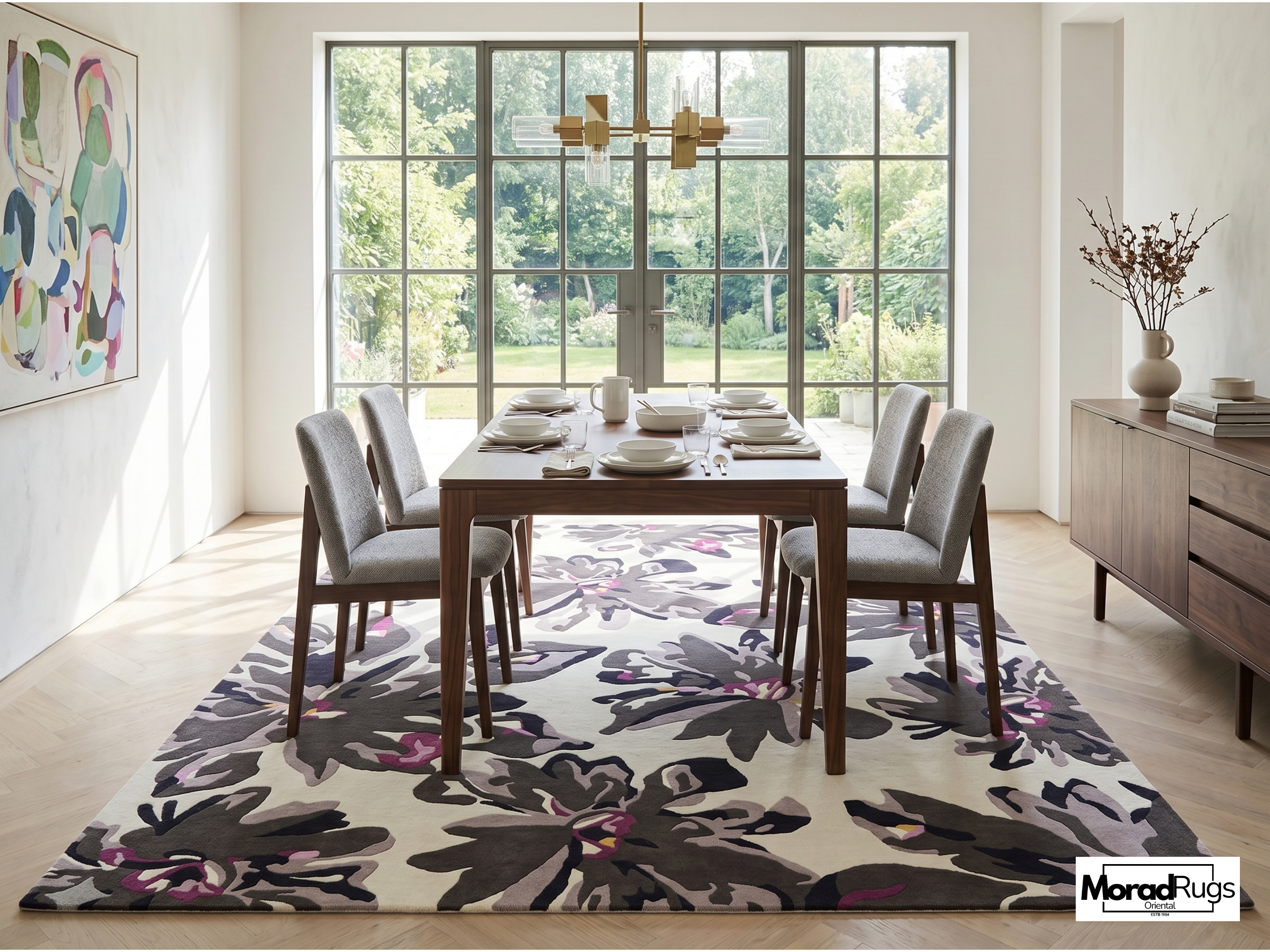 Midnight Bloom Floral Rug | Hand-Tufted New Zealand Wool Area Rug | Luxury Modern Botanical Carpet.