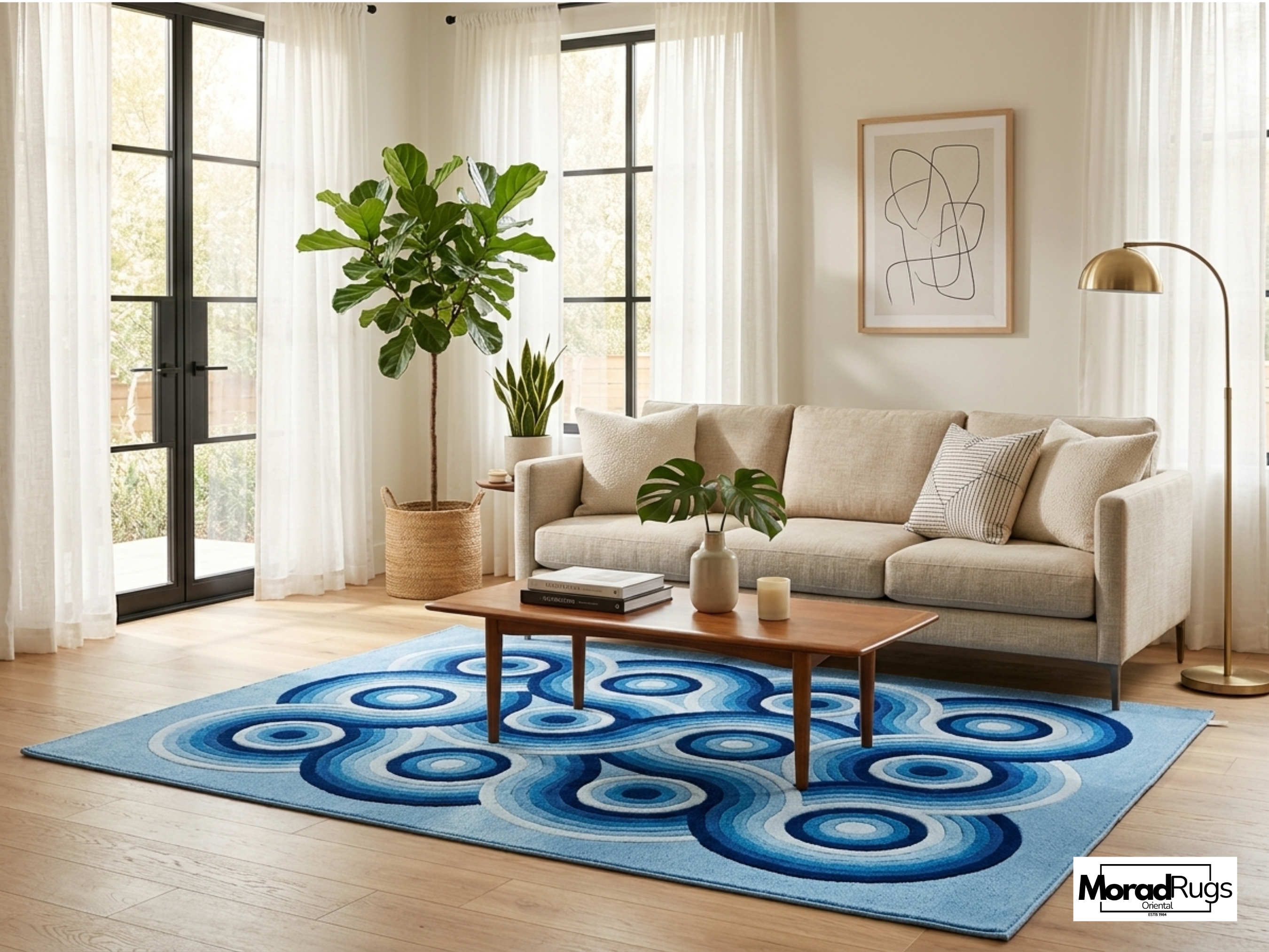 Hand-Tufted Blue Geometric Wool Rug – Abstract Circles, New Zealand Wool Carpet