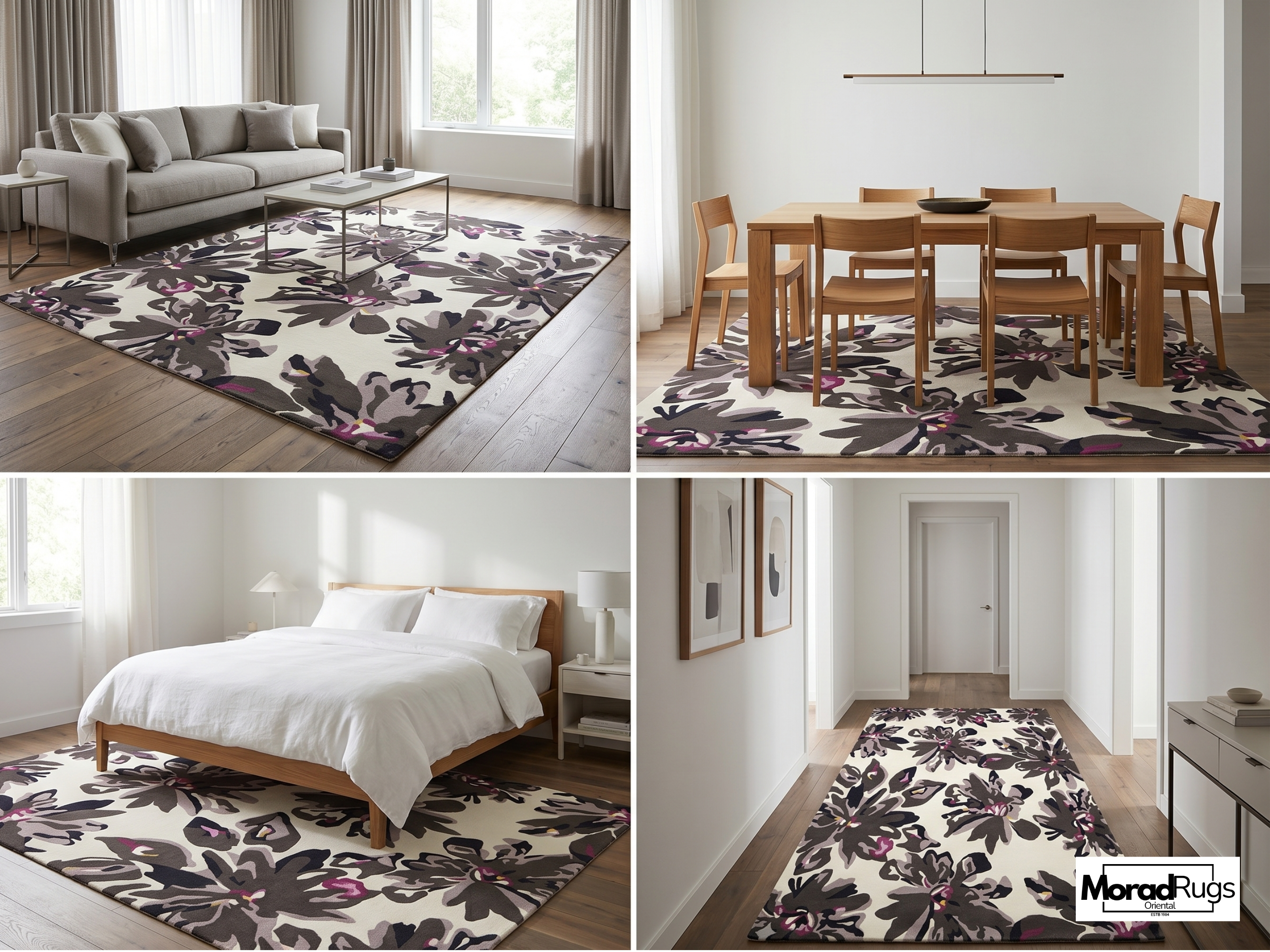 Midnight Bloom Floral Rug | Hand-Tufted New Zealand Wool Area Rug | Luxury Modern Botanical Carpet.