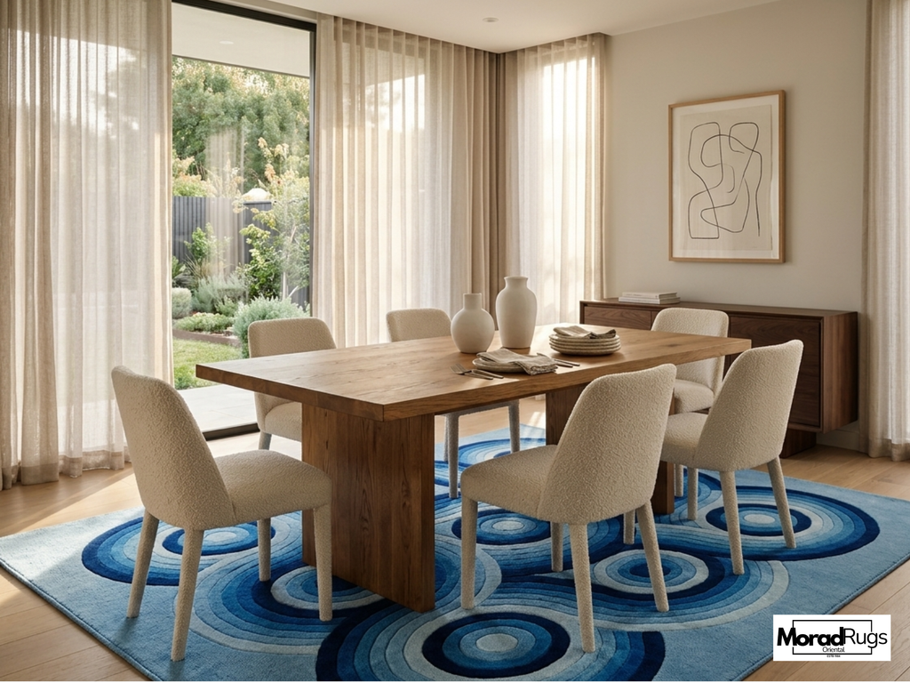 Hand-Tufted Blue Geometric Wool Rug – Abstract Circles, New Zealand Wool Carpet