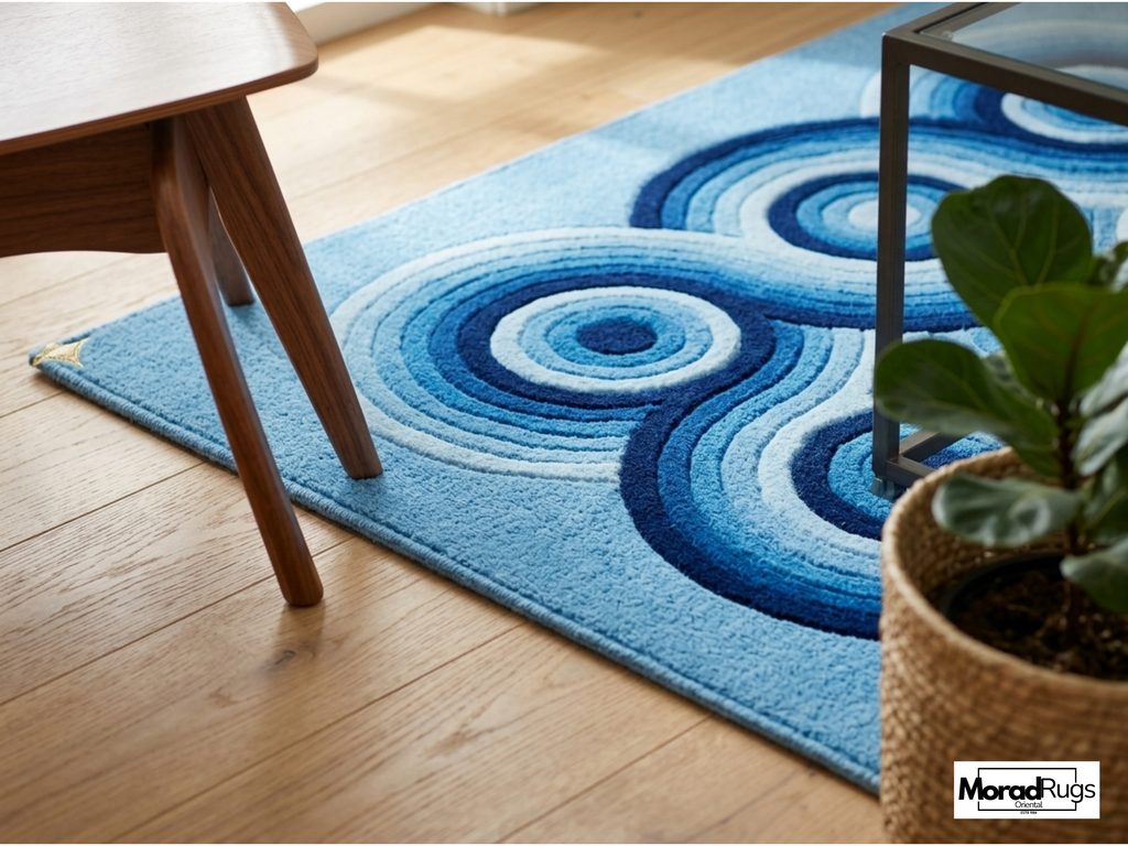 Hand-Tufted Blue Geometric Wool Rug – Abstract Circles, New Zealand Wool Carpet