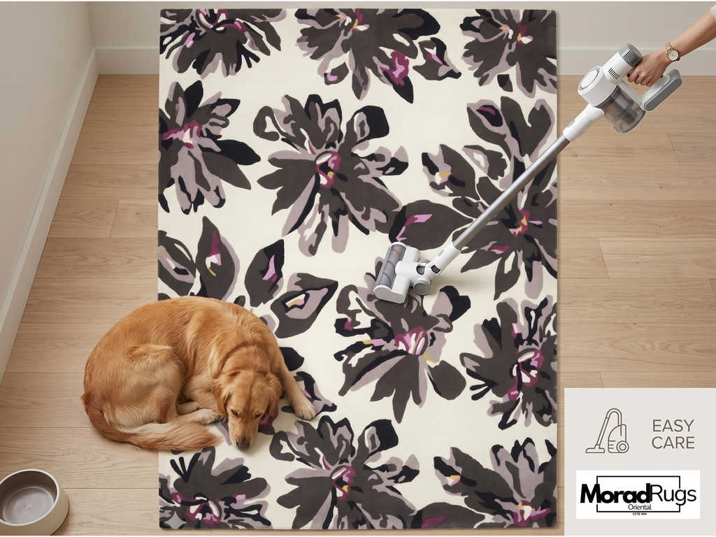Midnight Bloom Floral Rug | Hand-Tufted New Zealand Wool Area Rug | Luxury Modern Botanical Carpet.