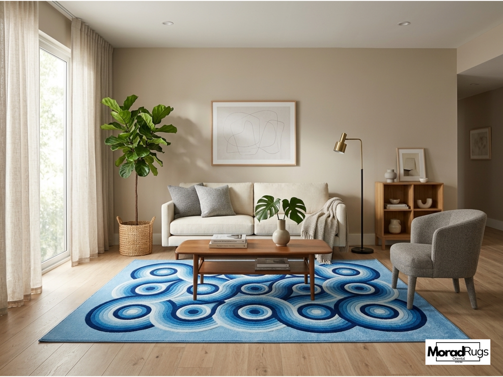 Hand-Tufted Blue Geometric Wool Rug – Abstract Circles, New Zealand Wool Carpet