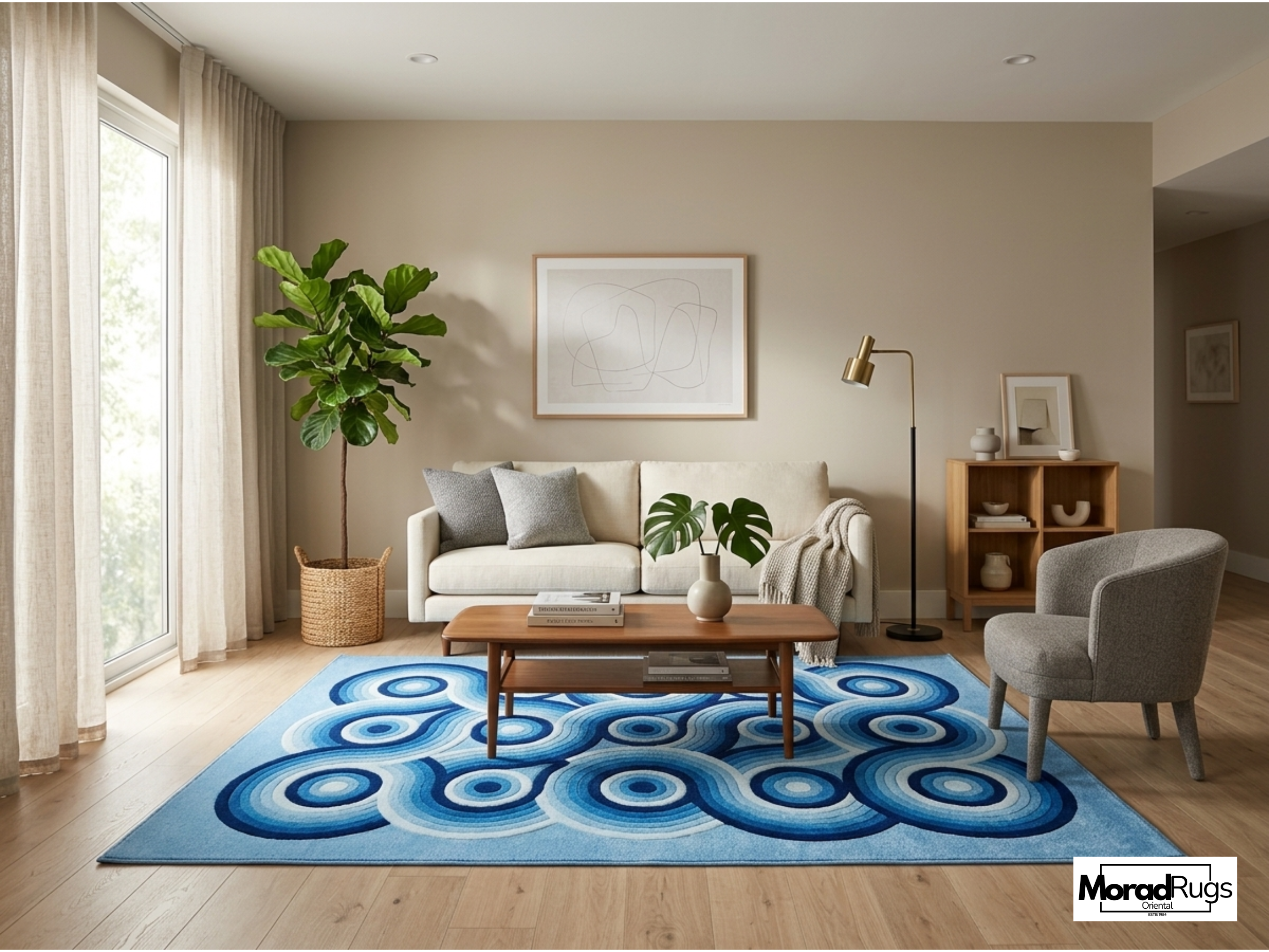 Hand-Tufted Blue Geometric Wool Rug – Abstract Circles, New Zealand Wool Carpet