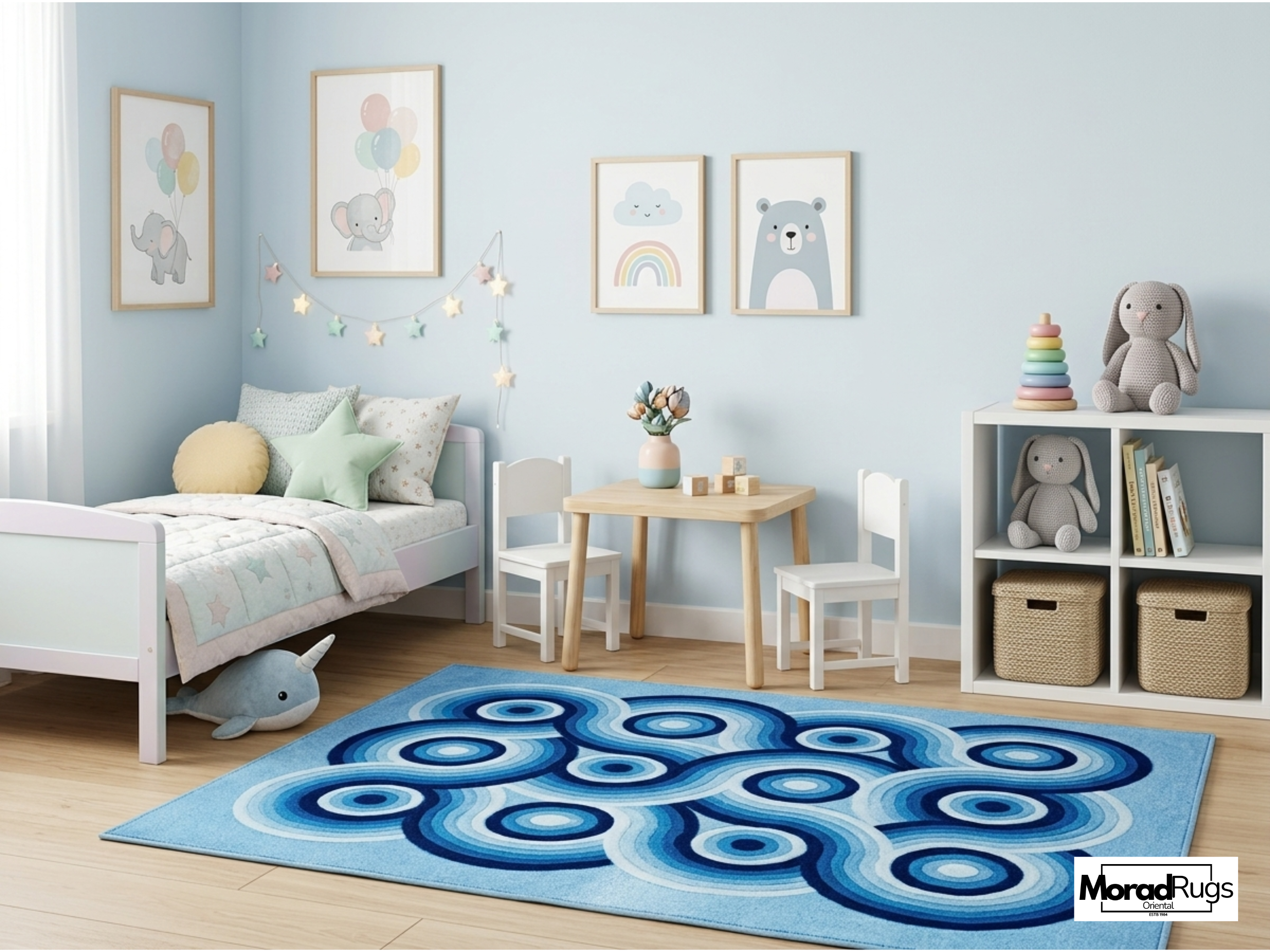 Hand-Tufted Blue Geometric Wool Rug – Abstract Circles, New Zealand Wool Carpet