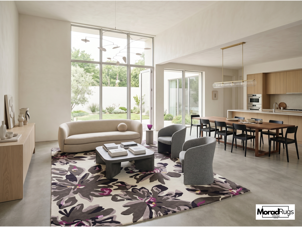 Midnight Bloom Floral Rug | Hand-Tufted New Zealand Wool Area Rug | Luxury Modern Botanical Carpet.