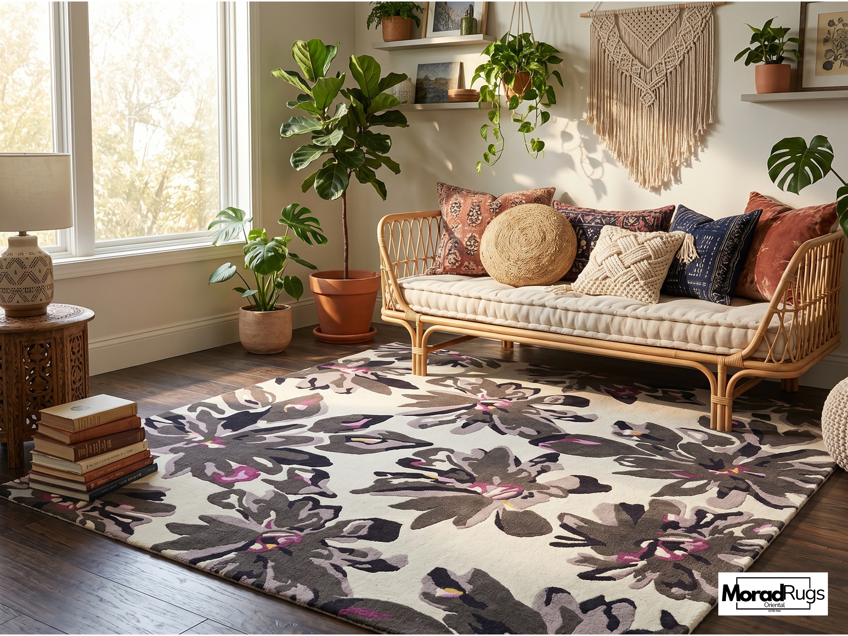 Midnight Bloom Floral Rug | Hand-Tufted New Zealand Wool Area Rug | Luxury Modern Botanical Carpet.