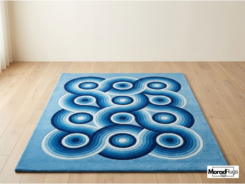 Hand-Tufted Blue Geometric Wool Rug – Abstract Circles, New Zealand Wool Carpet