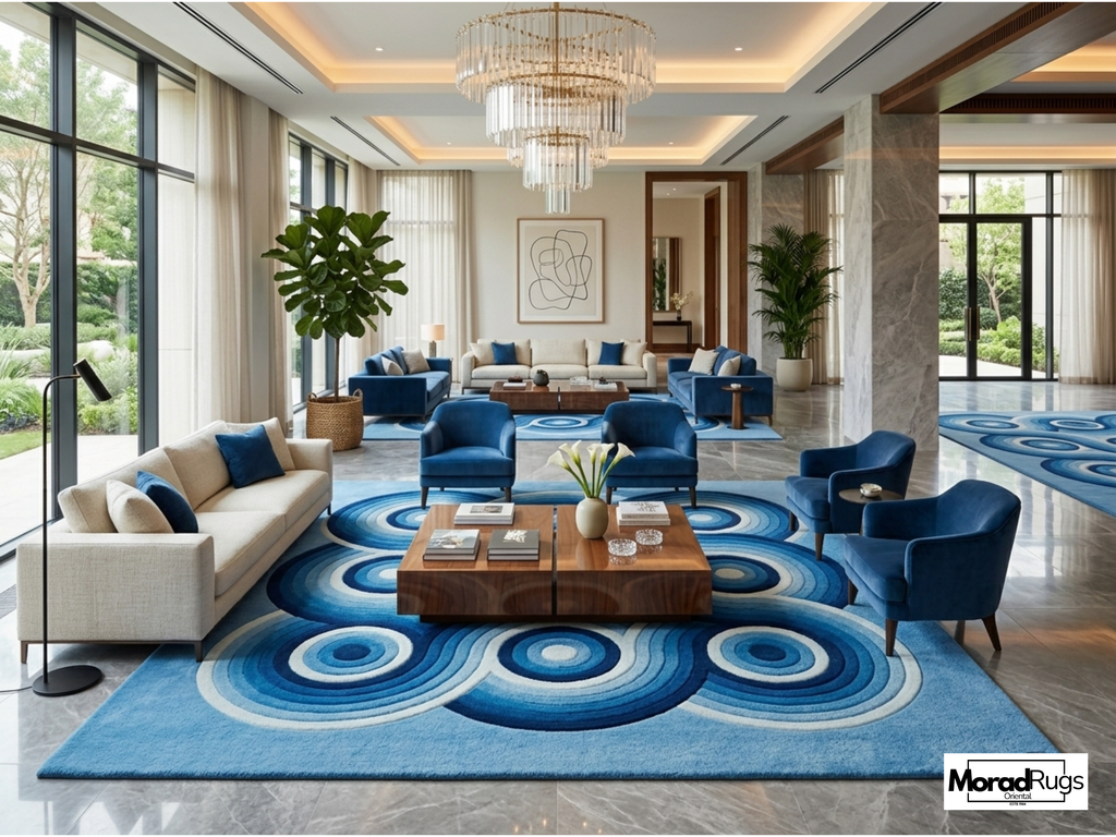 Hand-Tufted Blue Geometric Wool Rug – Abstract Circles, New Zealand Wool Carpet