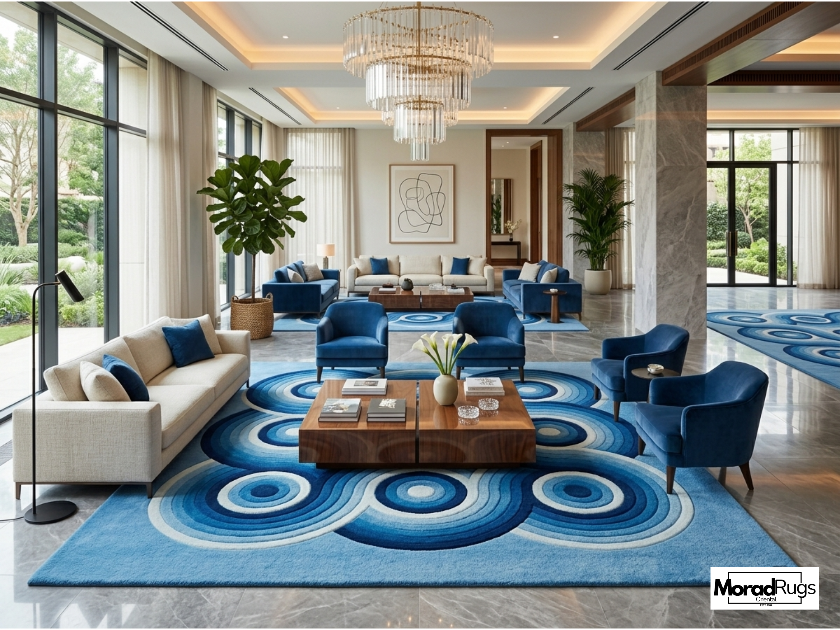 Hand-Tufted Blue Geometric Wool Rug – Abstract Circles, New Zealand Wool Carpet