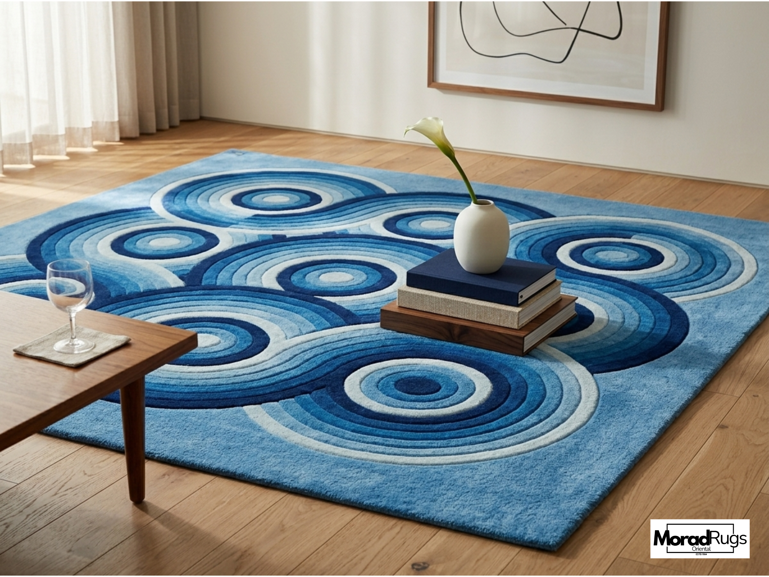 Hand-Tufted Blue Geometric Wool Rug – Abstract Circles, New Zealand Wool Carpet