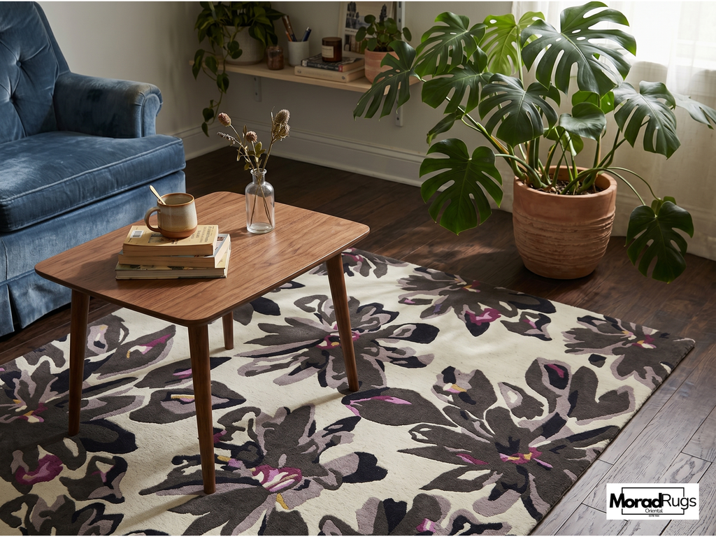 Midnight Bloom Floral Rug | Hand-Tufted New Zealand Wool Area Rug | Luxury Modern Botanical Carpet.