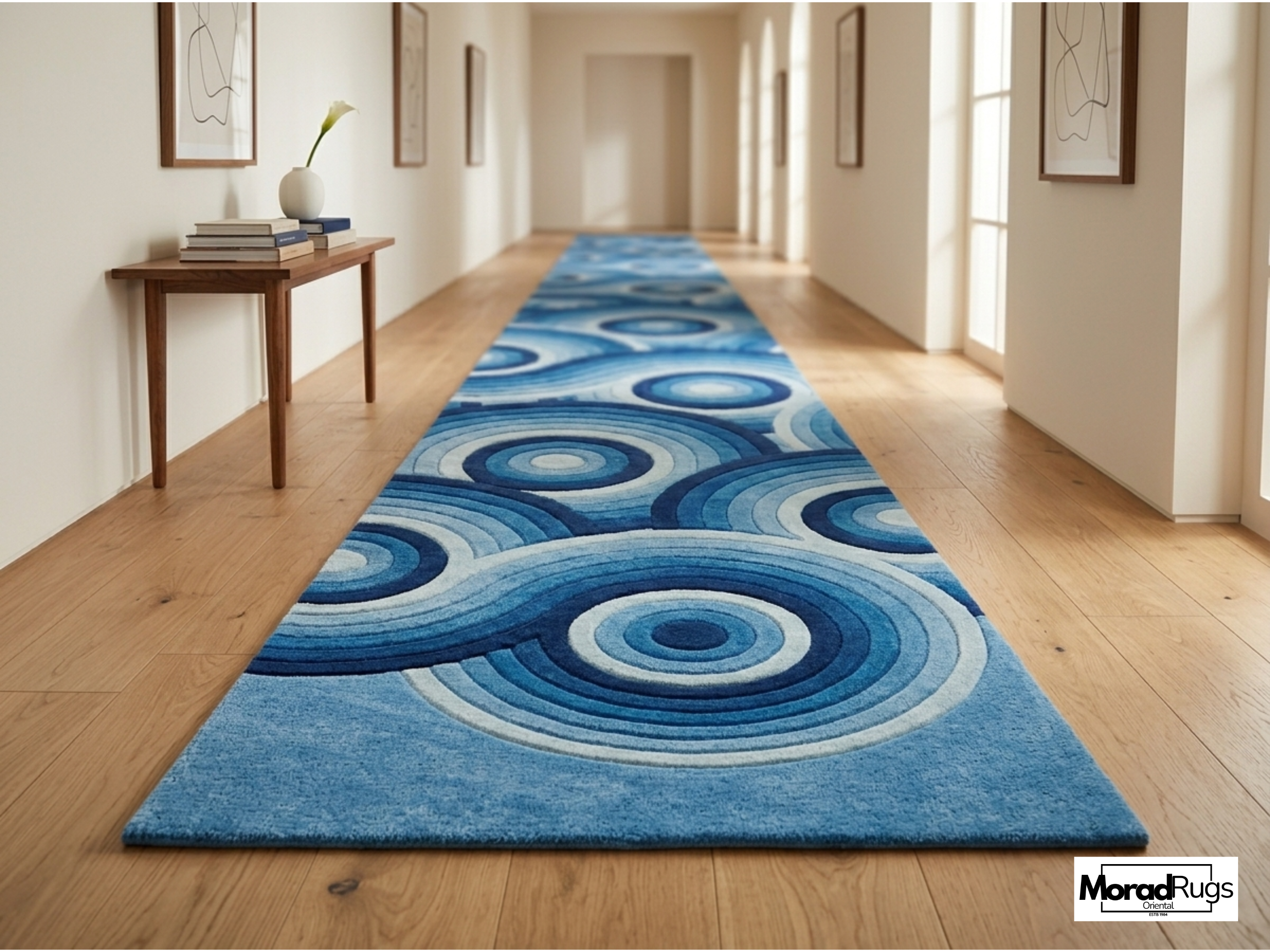 Hand-Tufted Blue Geometric Wool Rug – Abstract Circles, New Zealand Wool Carpet