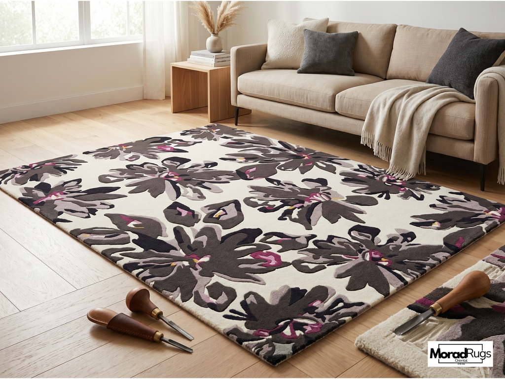 Midnight Bloom Floral Rug | Hand-Tufted New Zealand Wool Area Rug | Luxury Modern Botanical Carpet.