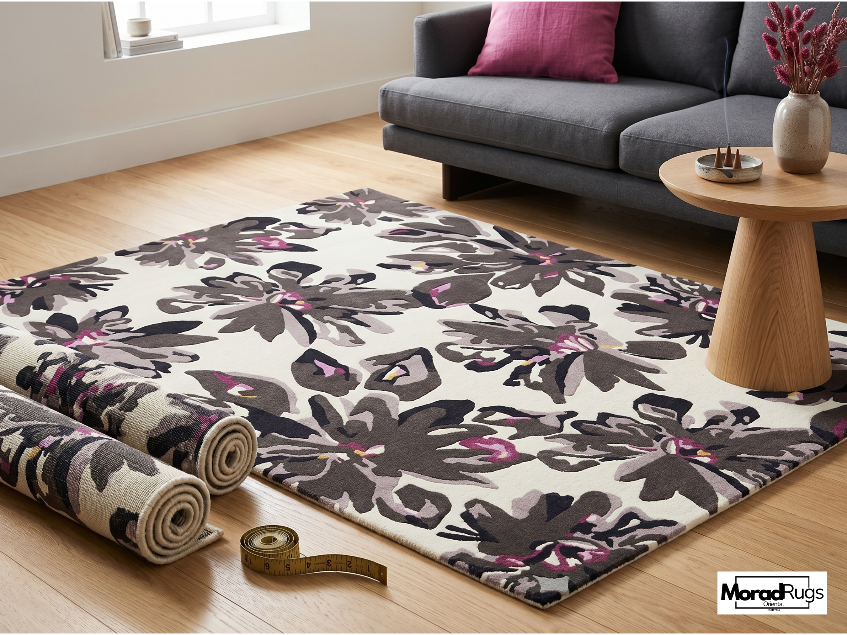 Midnight Bloom Floral Rug | Hand-Tufted New Zealand Wool Area Rug | Luxury Modern Botanical Carpet.
