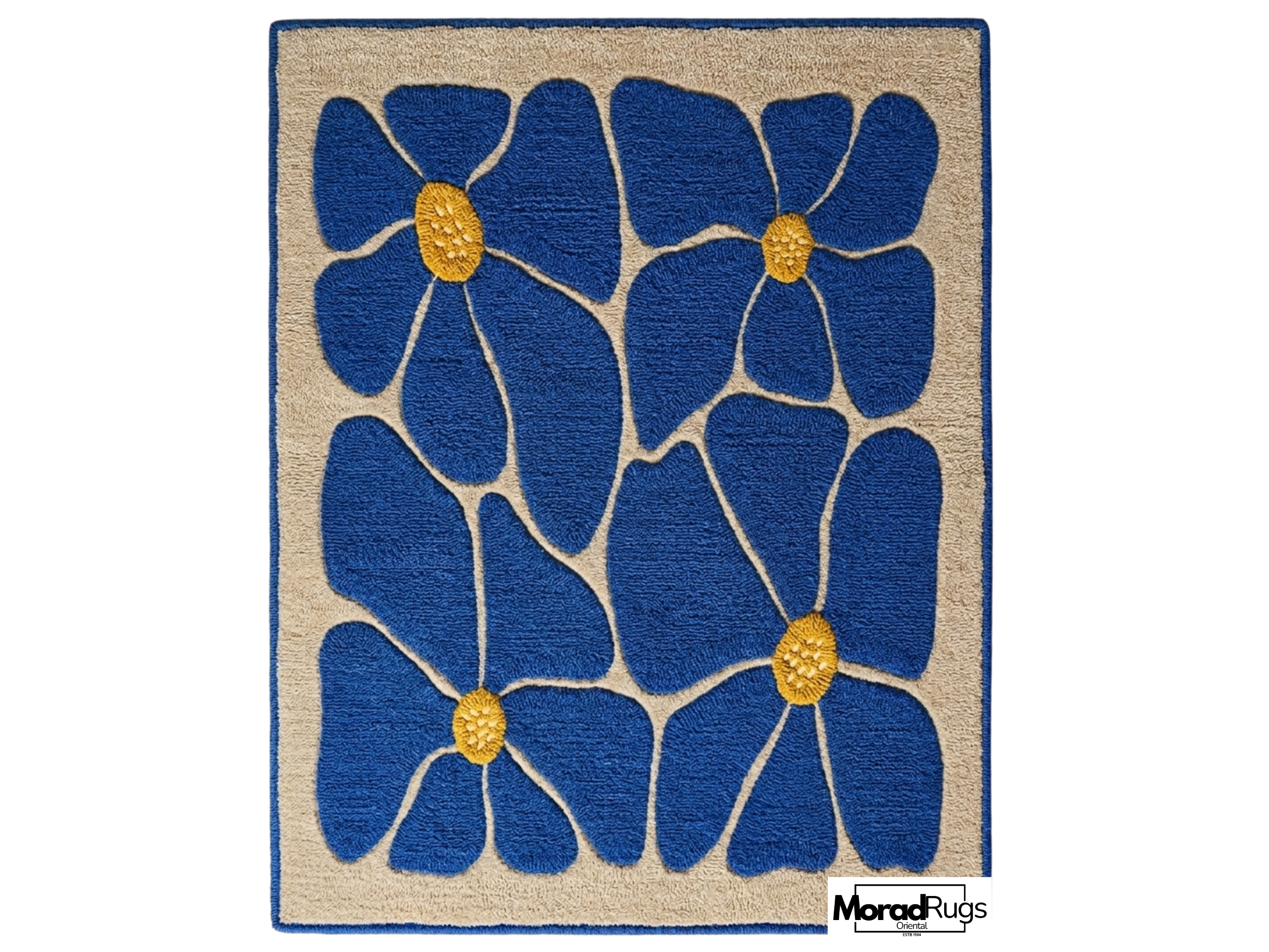 Blue Floral Hand-Tufted Wool Rug – New Zealand Daisy Carpet, Boho Scandinavian Decor