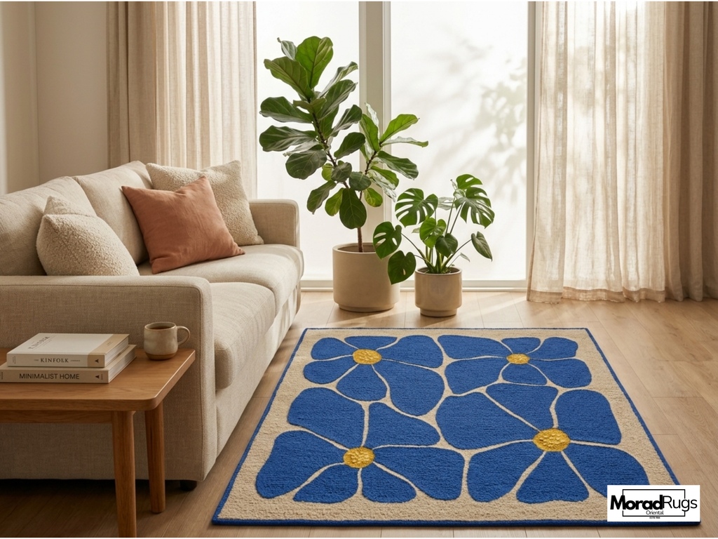Blue Floral Hand-Tufted Wool Rug – New Zealand Daisy Carpet, Boho Scandinavian Decor