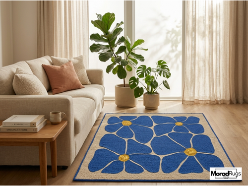 Blue Floral Hand-Tufted Wool Rug – New Zealand Daisy Carpet, Boho Scandinavian Decor