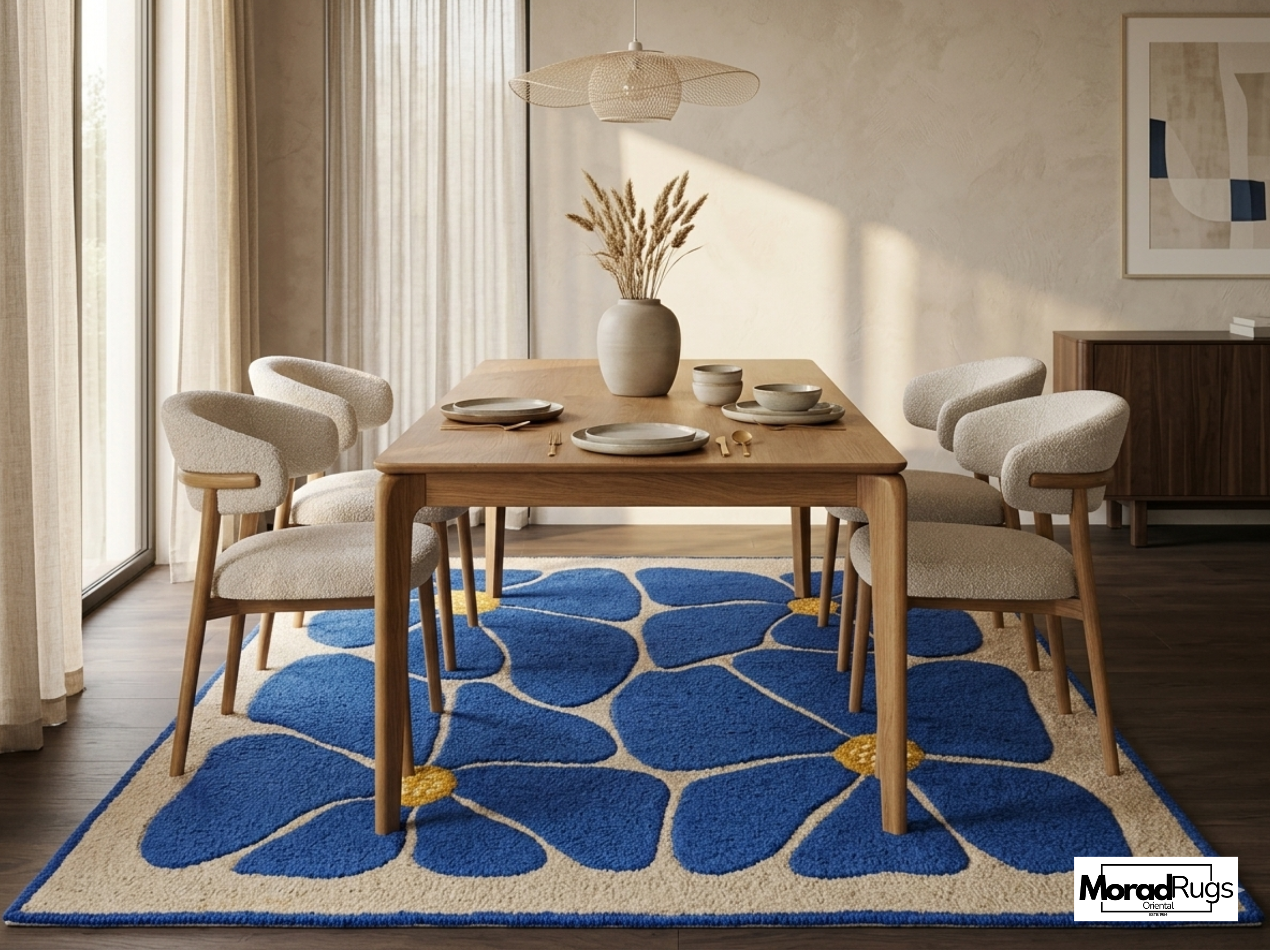 Blue Floral Hand-Tufted Wool Rug – New Zealand Daisy Carpet, Boho Scandinavian Decor