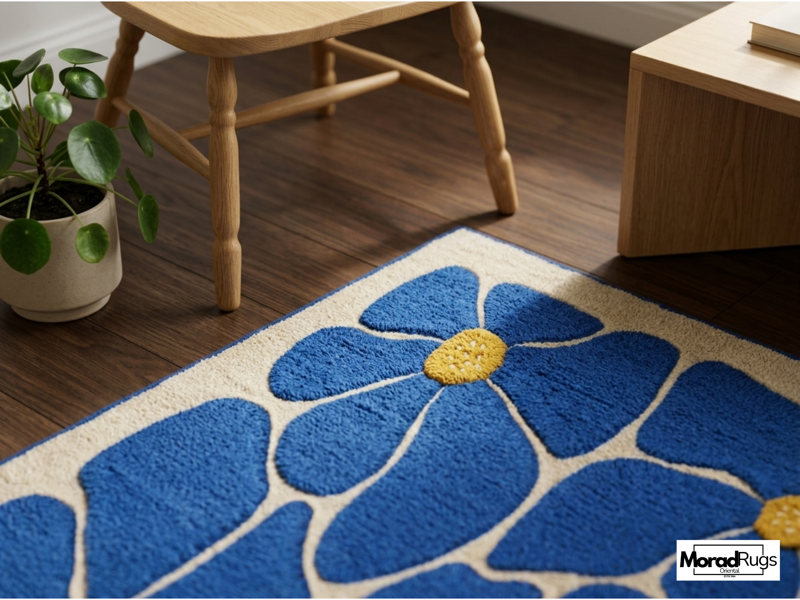 Blue Floral Hand-Tufted Wool Rug – New Zealand Daisy Carpet, Boho Scandinavian Decor
