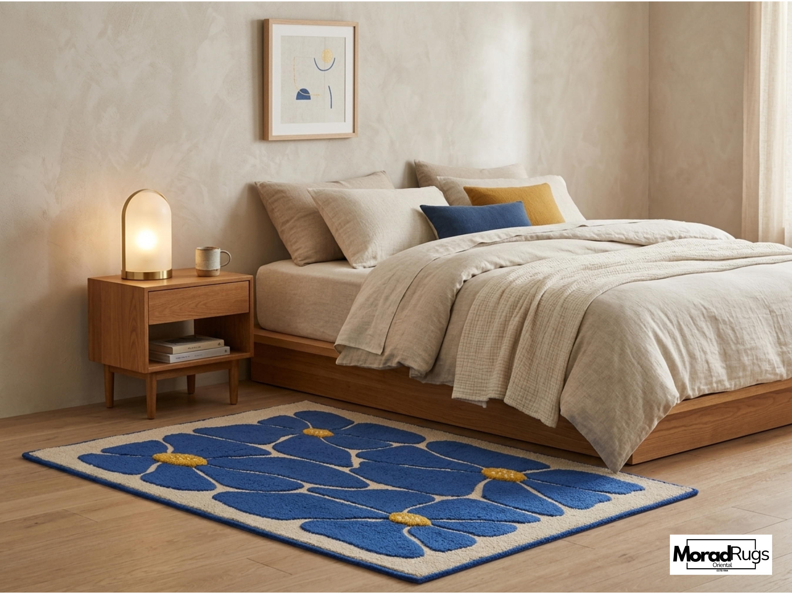 Blue Floral Hand-Tufted Wool Rug – New Zealand Daisy Carpet, Boho Scandinavian Decor