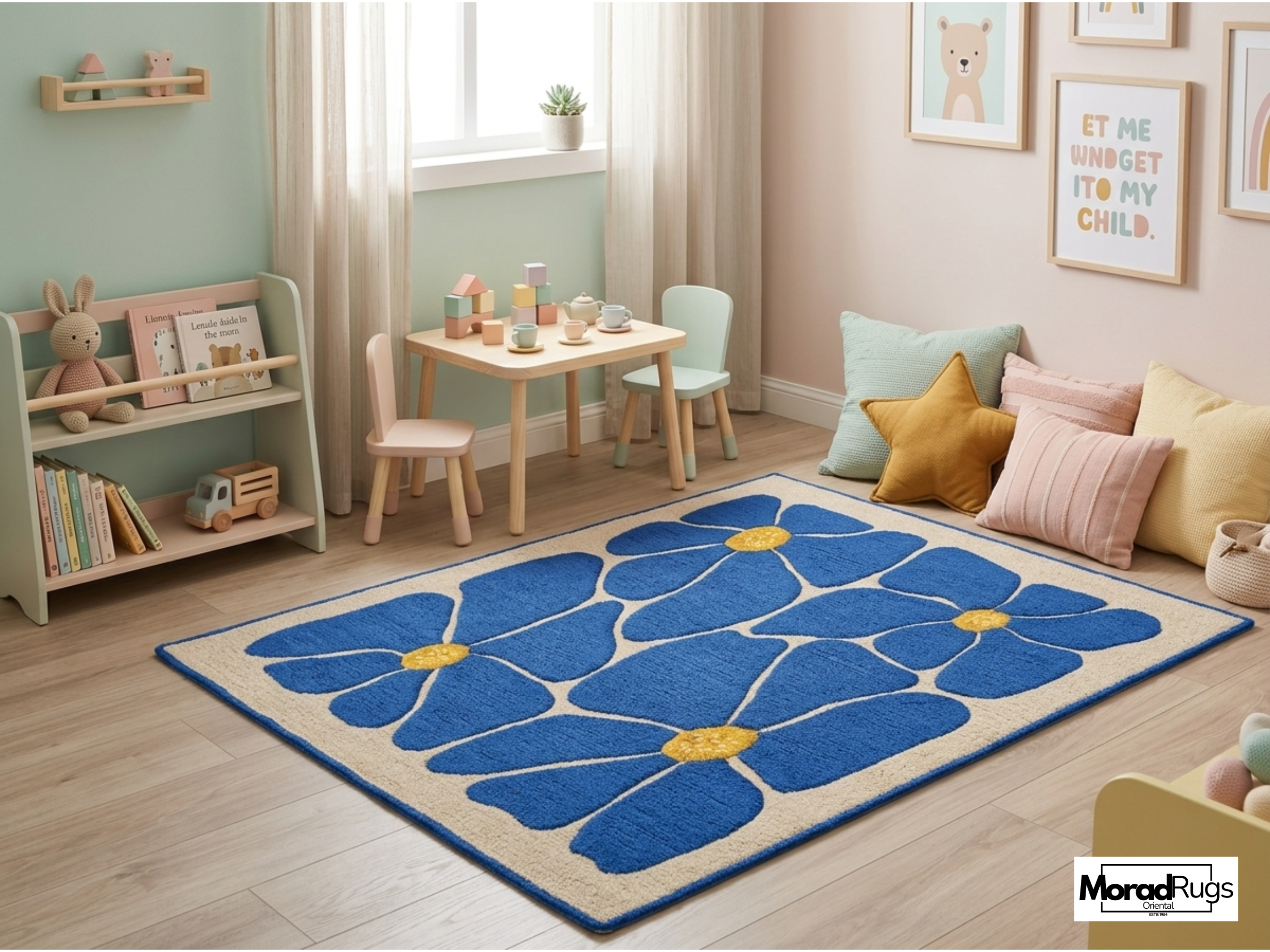 Blue Floral Hand-Tufted Wool Rug – New Zealand Daisy Carpet, Boho Scandinavian Decor