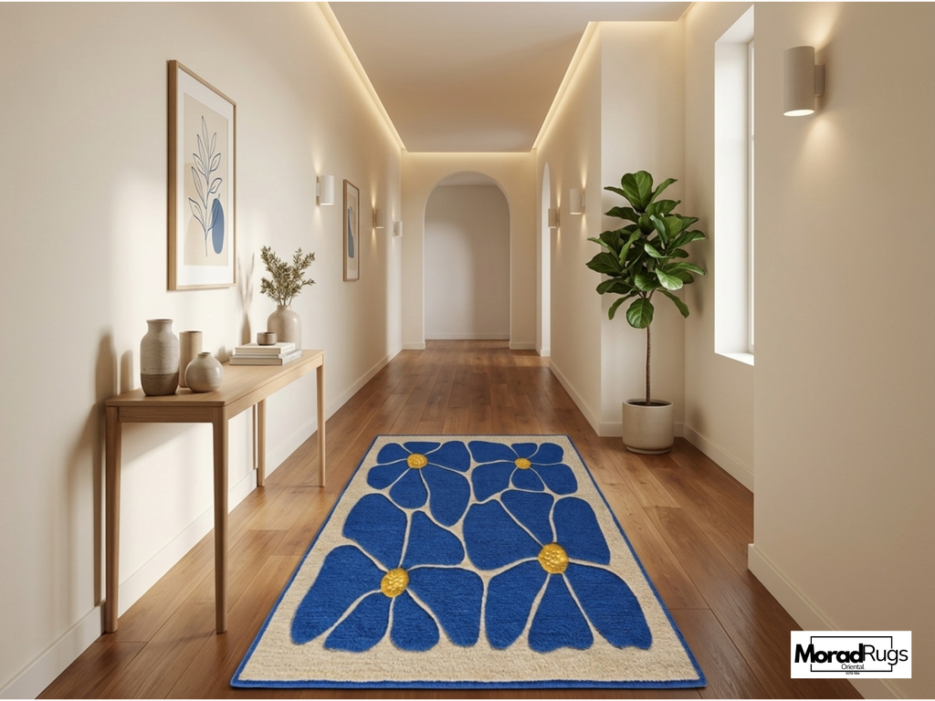 Blue Floral Hand-Tufted Wool Rug – New Zealand Daisy Carpet, Boho Scandinavian Decor