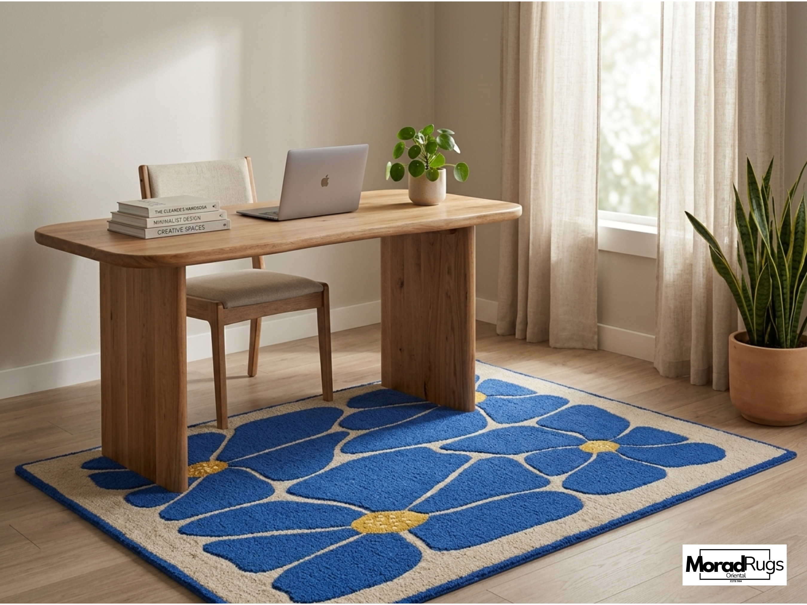 Blue Floral Hand-Tufted Wool Rug – New Zealand Daisy Carpet, Boho Scandinavian Decor