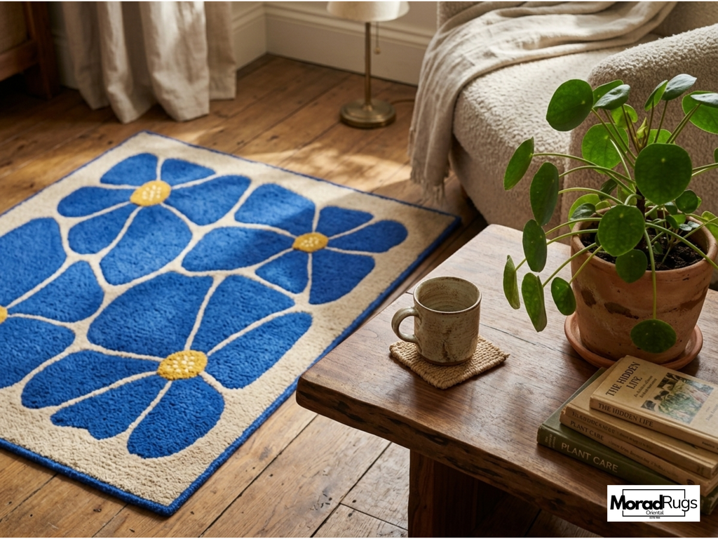 Blue Floral Hand-Tufted Wool Rug – New Zealand Daisy Carpet, Boho Scandinavian Decor