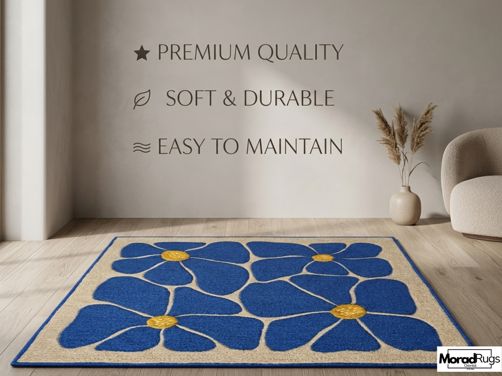 Blue Floral Hand-Tufted Wool Rug – New Zealand Daisy Carpet, Boho Scandinavian Decor