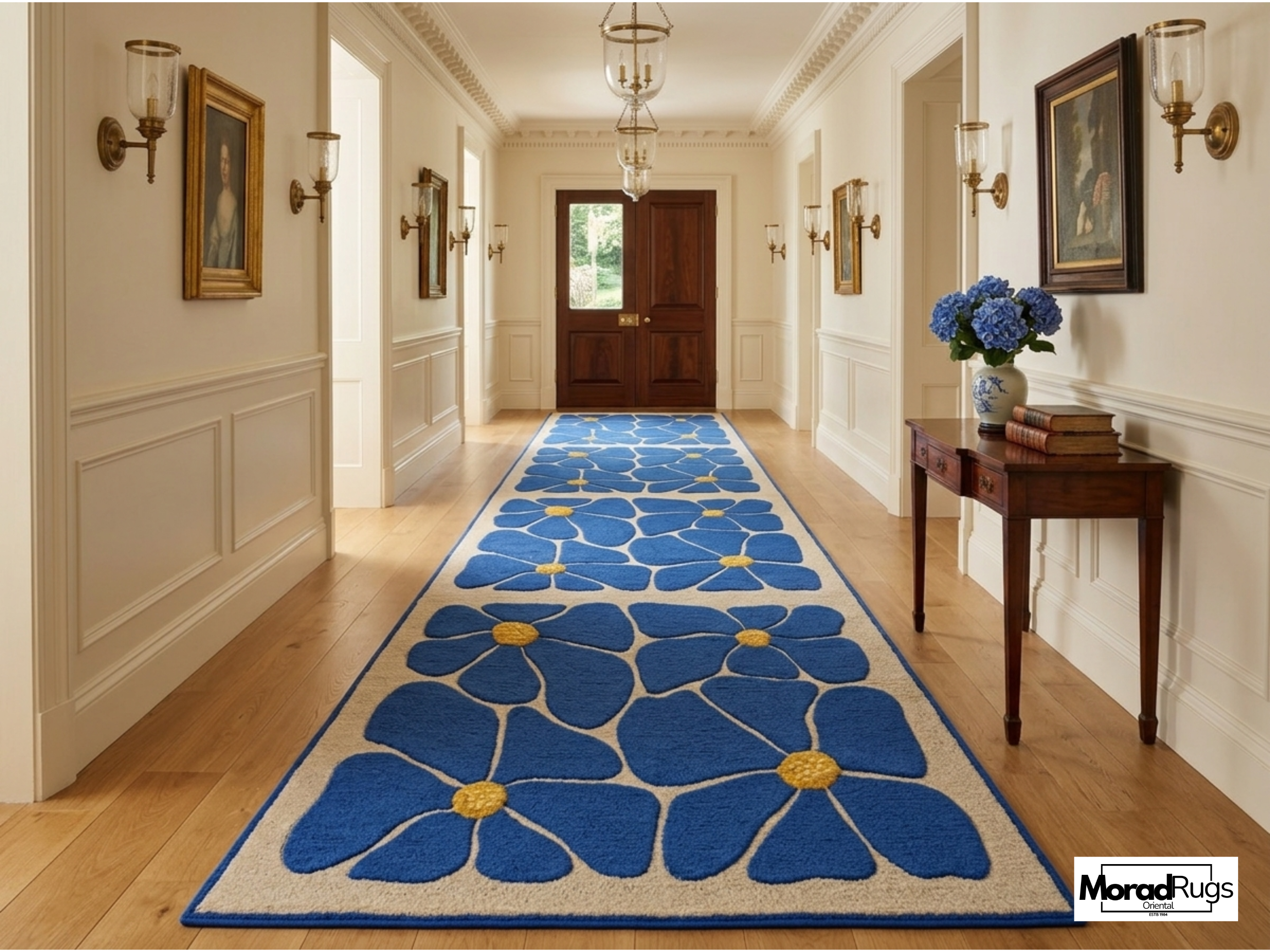 Blue Floral Hand-Tufted Wool Rug – New Zealand Daisy Carpet, Boho Scandinavian Decor