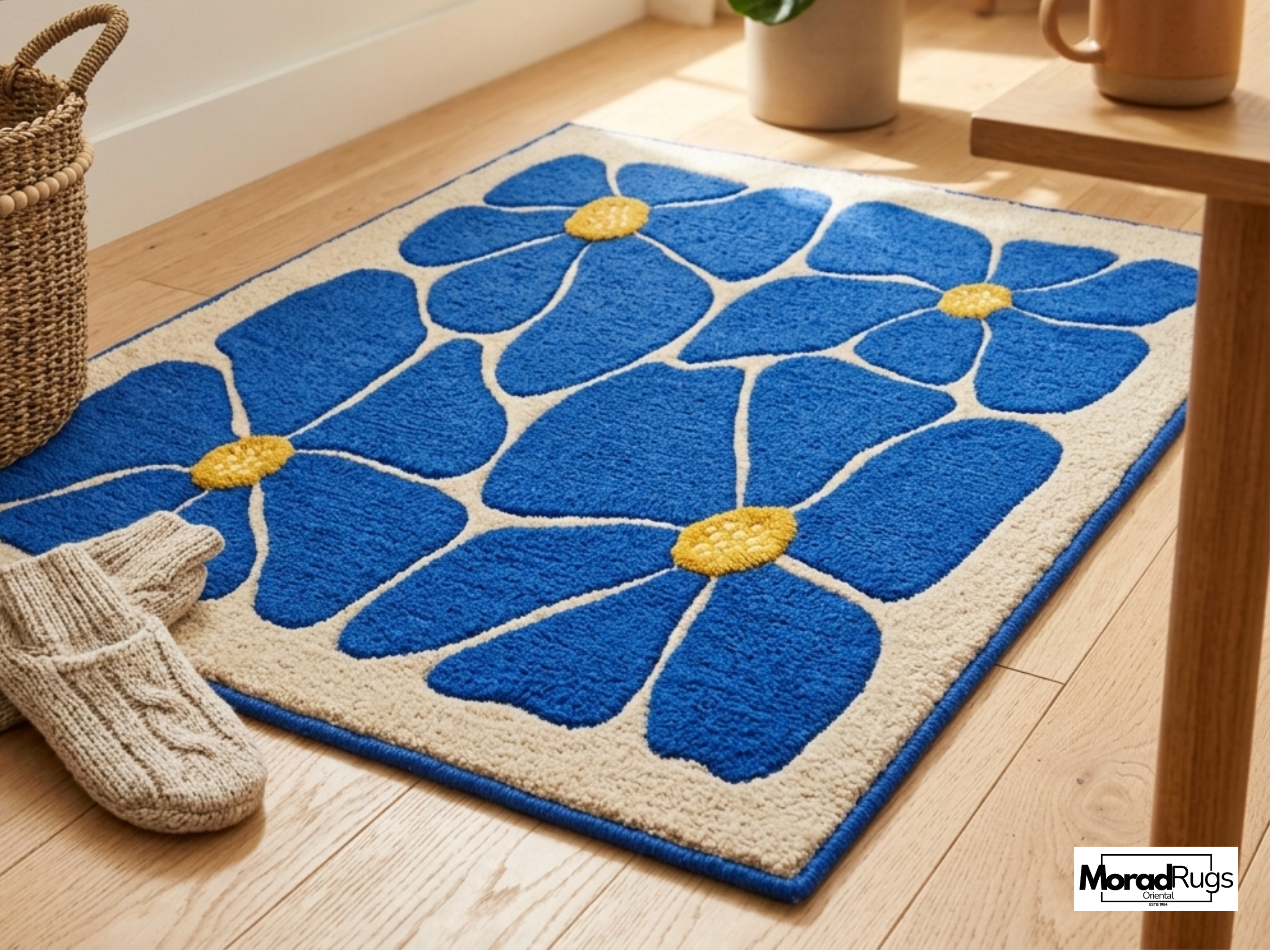 Blue Floral Hand-Tufted Wool Rug – New Zealand Daisy Carpet, Boho Scandinavian Decor